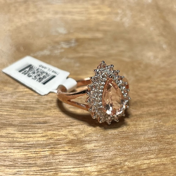 Synthetic Morganite & White Zircon Tear Drop Rose Gold Over Sterling Silver Ring - Picture 2 of 13